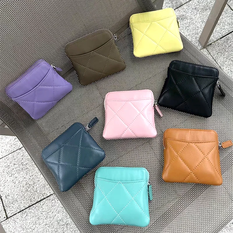 Sheepskin Luxury Woman Coin Purse Genuine Leather Plaid Zipper Lady Card Wallet Spring Summer Fashion Customized Card Holder Bag