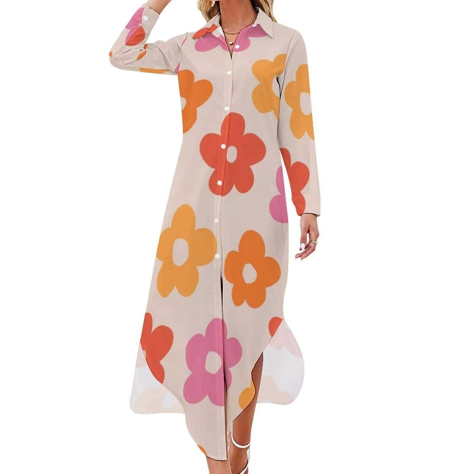 

Retro 60s 70s Flowers Pattern #pattern #vintage Long Sleeved Shirt Dress loose women's dress long dress women