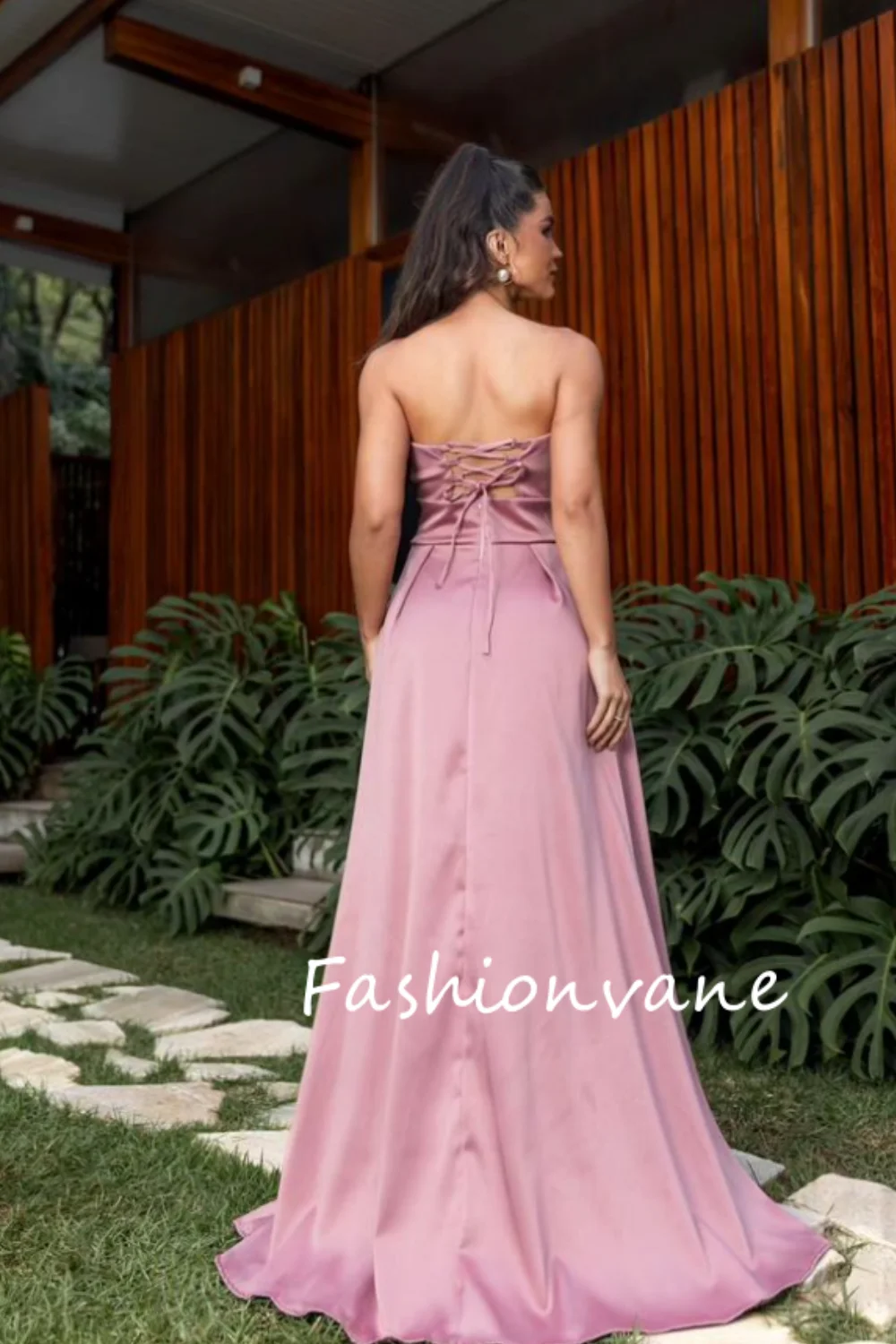 Fashionvane 2024 Customized A-Line Strapless Sleeveless Satin Floor Length High Side Slit Prom Dress Evening Dress with Bow Knot