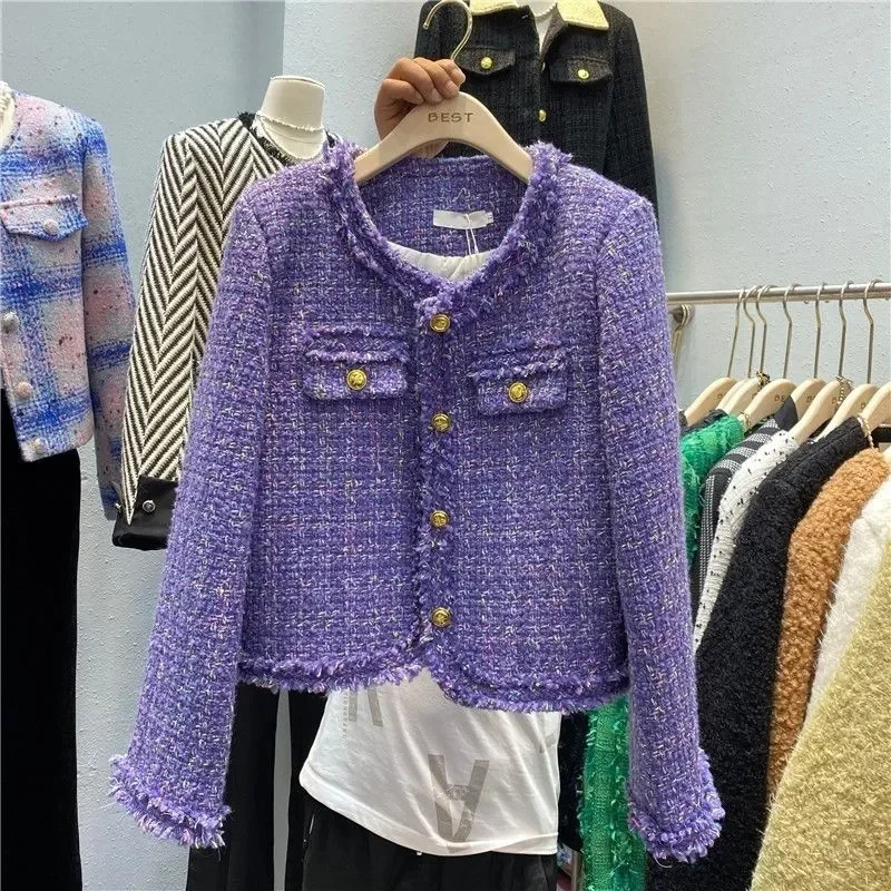 Small Fragrance Tweed Jacket Women Spring Autumn Elegant Cropped O-neck Outerwear Purple Casual Tweed Woolen Coat Ladies Tops