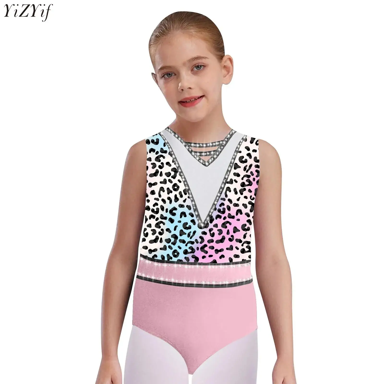 

Kids Girls Ballet Dance Outfit 3Pcs/Set Sleeveless Rhinestone Printed Leotard+Shorts+Headwear Figure Skating Gymnastics Bodysuit