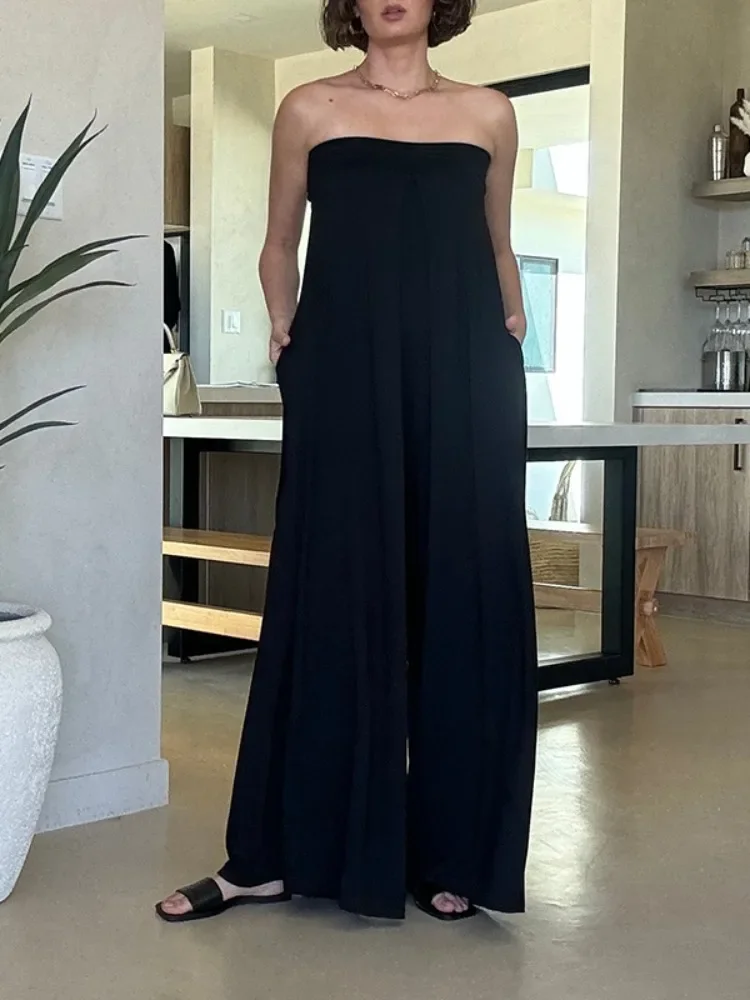 

UOOZEE 2025 New Fashion Sleeveless Wide Leg Tube Jumpsuits For Women Solid Color Backless Pockets Loose Streetwear Outfits