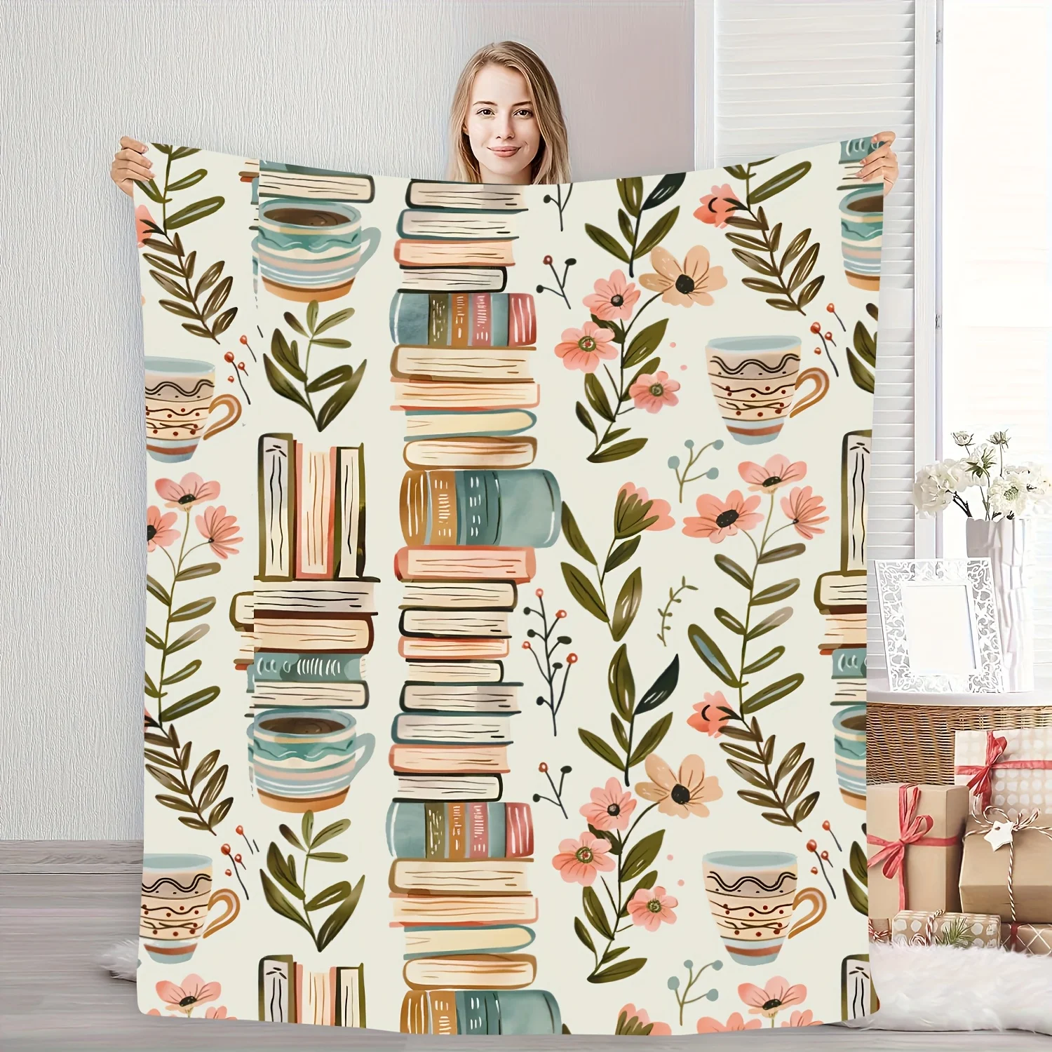 Flannel Blanket - All-Season, Whimsical Book & Floral Print for Home, Camping, Travel,Gift for Lovers,Best Friends & Family