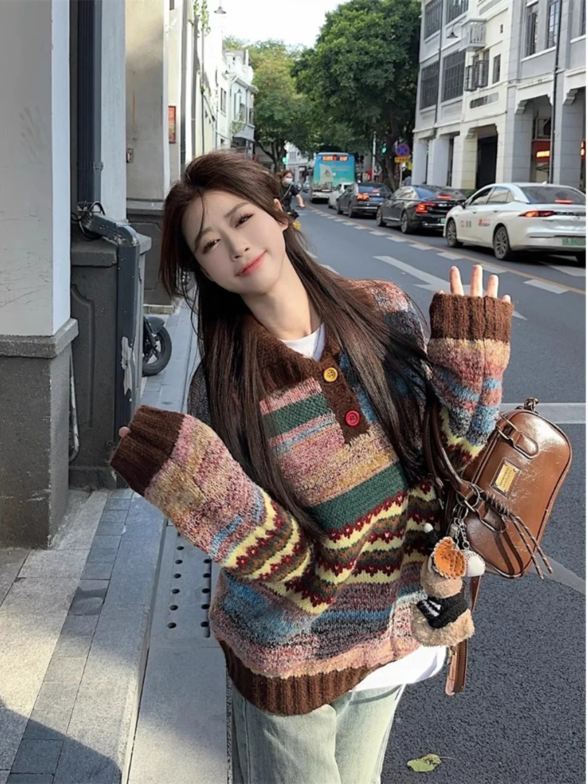 Rétro rayé col ample longue Sve tricots femmes automne hiver Art étudiant couleur Blo paresseux Sle haut