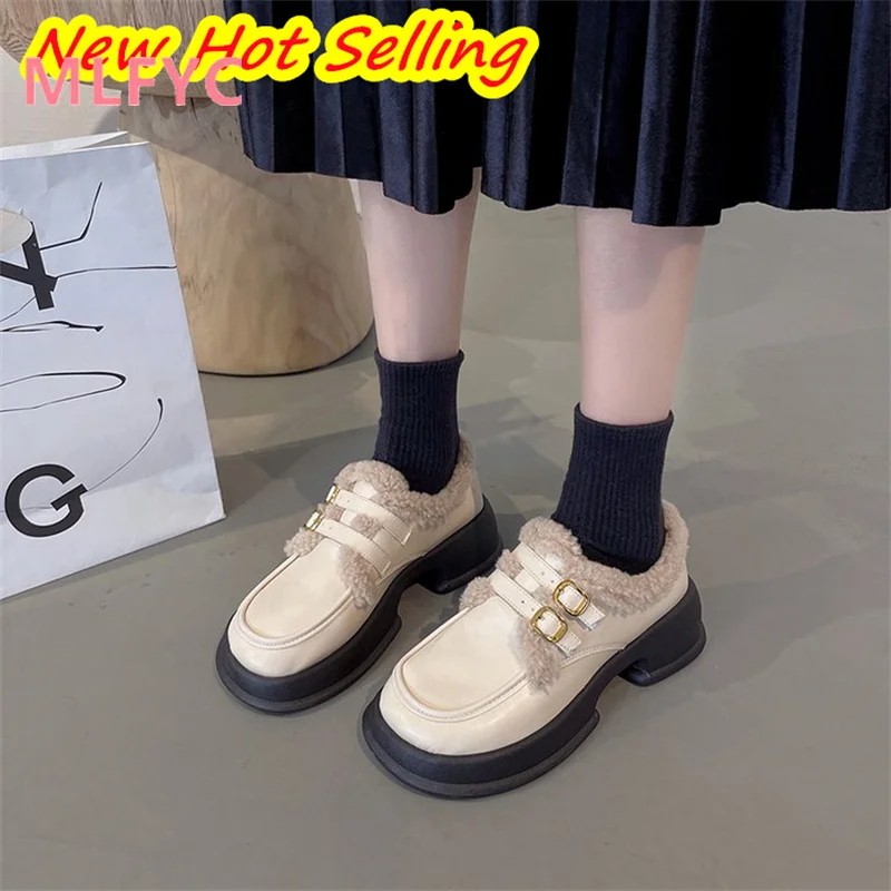 Retro Small Leather Shoes for Women's Autumn and Winter 2023 New Thick Sole British Style Plush and Warm Lefu Shoes