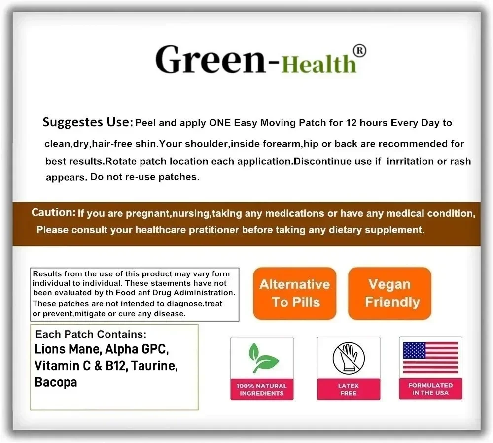 Focus 6-in-1 Nootropic Brain Transdermal Patches （30 Patches）with Lions Mane, Vitamin C & B12, Taurine, Bacopa