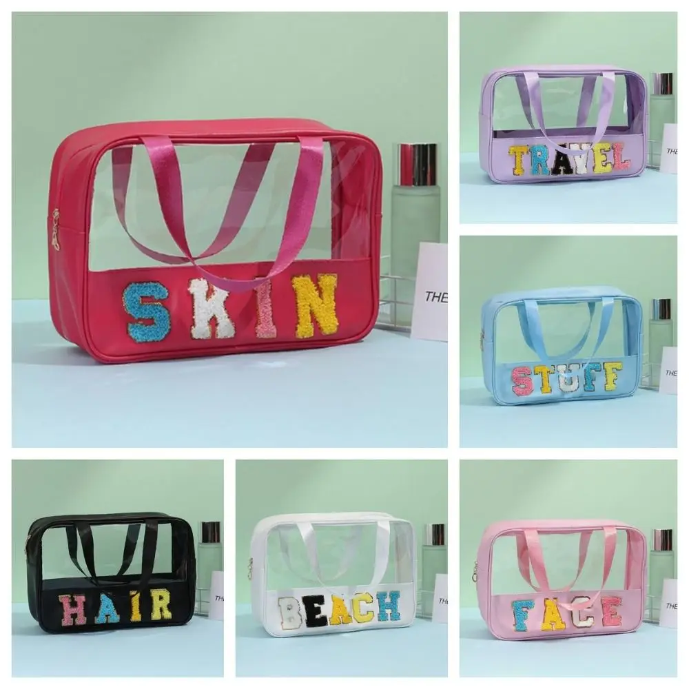 

Letter Patches Transparent Wash Bags PVC Waterproof Travel Makeup Bags with Handle Large Capacity Cosmetic Zipper Pouch Outdoor