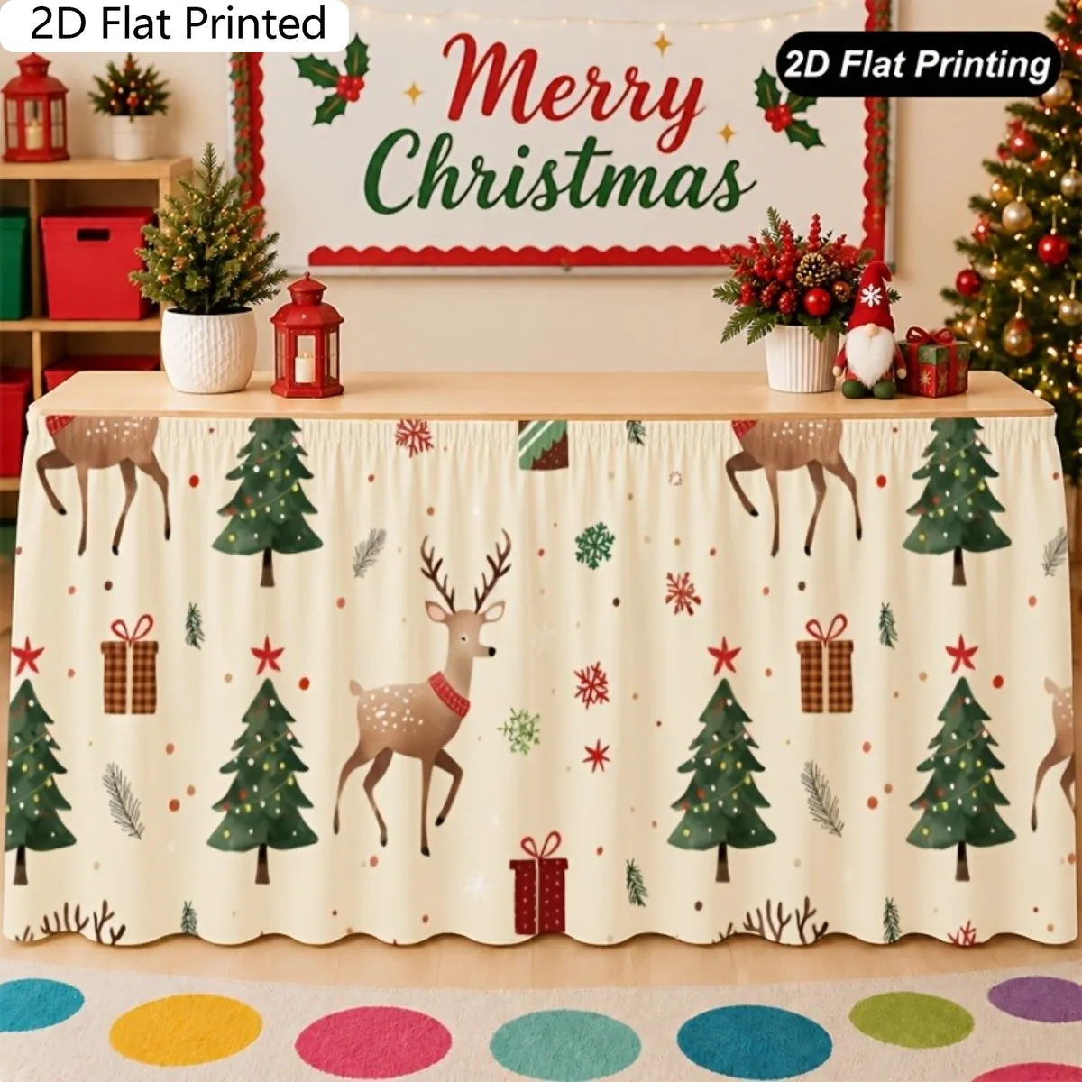 1PC2D flat print Christmas table skirt, snow leopard pine color table skirt, perfect for family kitchen Christmas decoration