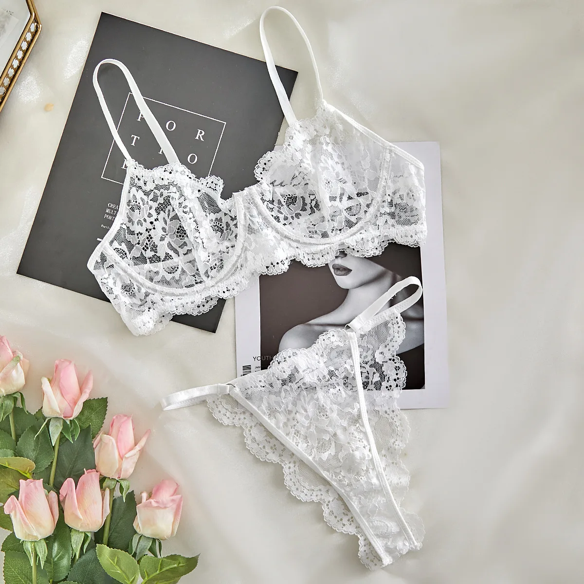 Sexy Strap Lace Perspective Fun Lingerie Set Women\'s Sweet Floral Lace Decor Bra and Panty Set Female French Style Intimates Set