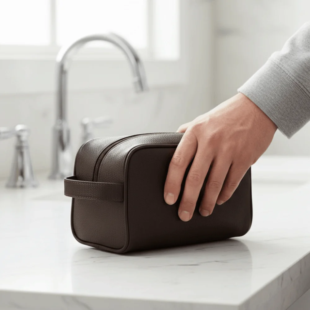 Fashion Large Capacity Leather Cosmetic Bags PU Handheld Travel Toiletry Bag Washable Zipper Closure Makeup Bag Men