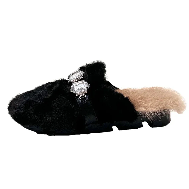 Women Luxury Crystal Fur Slippers Home Cotton Shoes Winter New Warm Cozy Mules 2024 Trend Fashion Elegant Sandals Slides Mujer