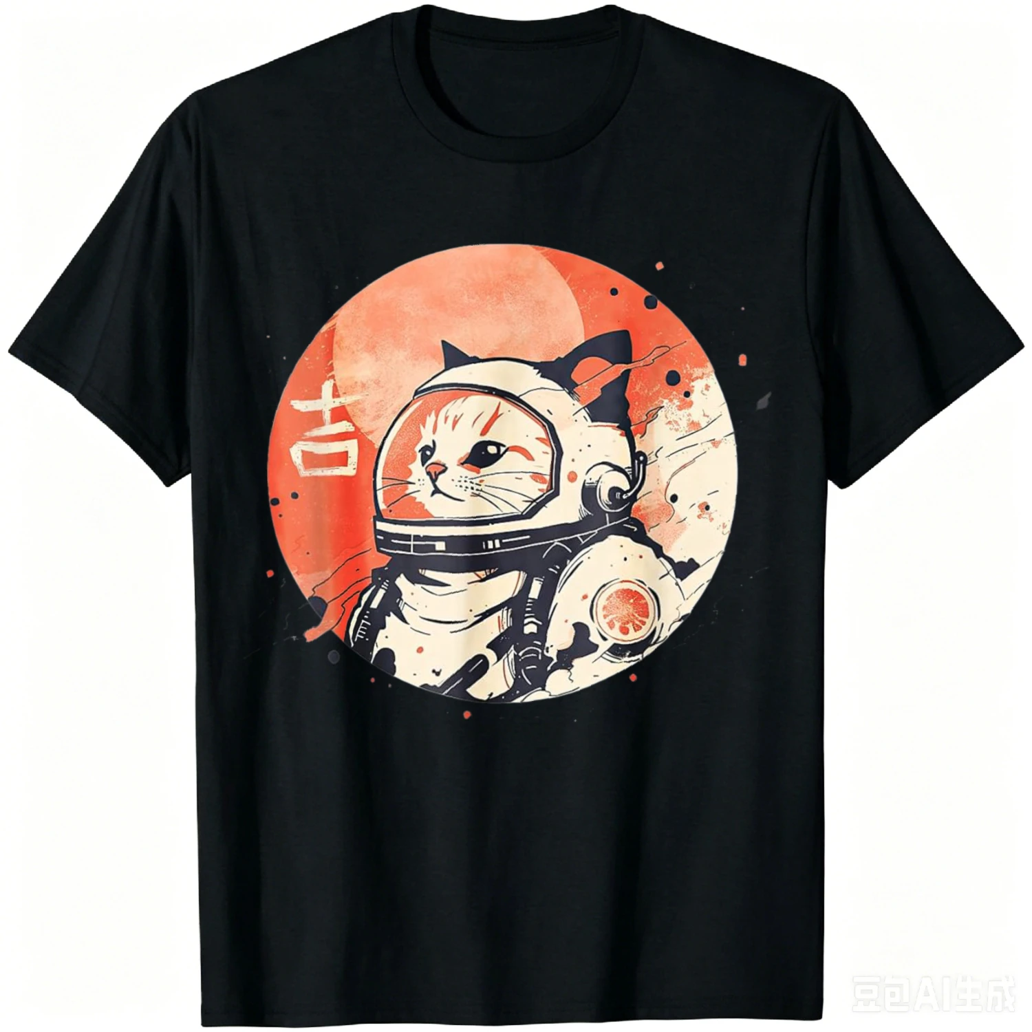 Japanese Minimalist 1950s Retro Space Cat Good Luck Kanji T-Shirt Cool Casual Cotton Graphic T Shirts Camiseta Harajuku