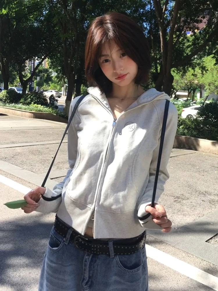 

Ретро-кардиган в американском стиле с капюшоном для женщин, новинка ранней осени, с двойной молнией, укороченный, облегающий, сексуальный топ, уличный стиль, длинный рукав, с принтом