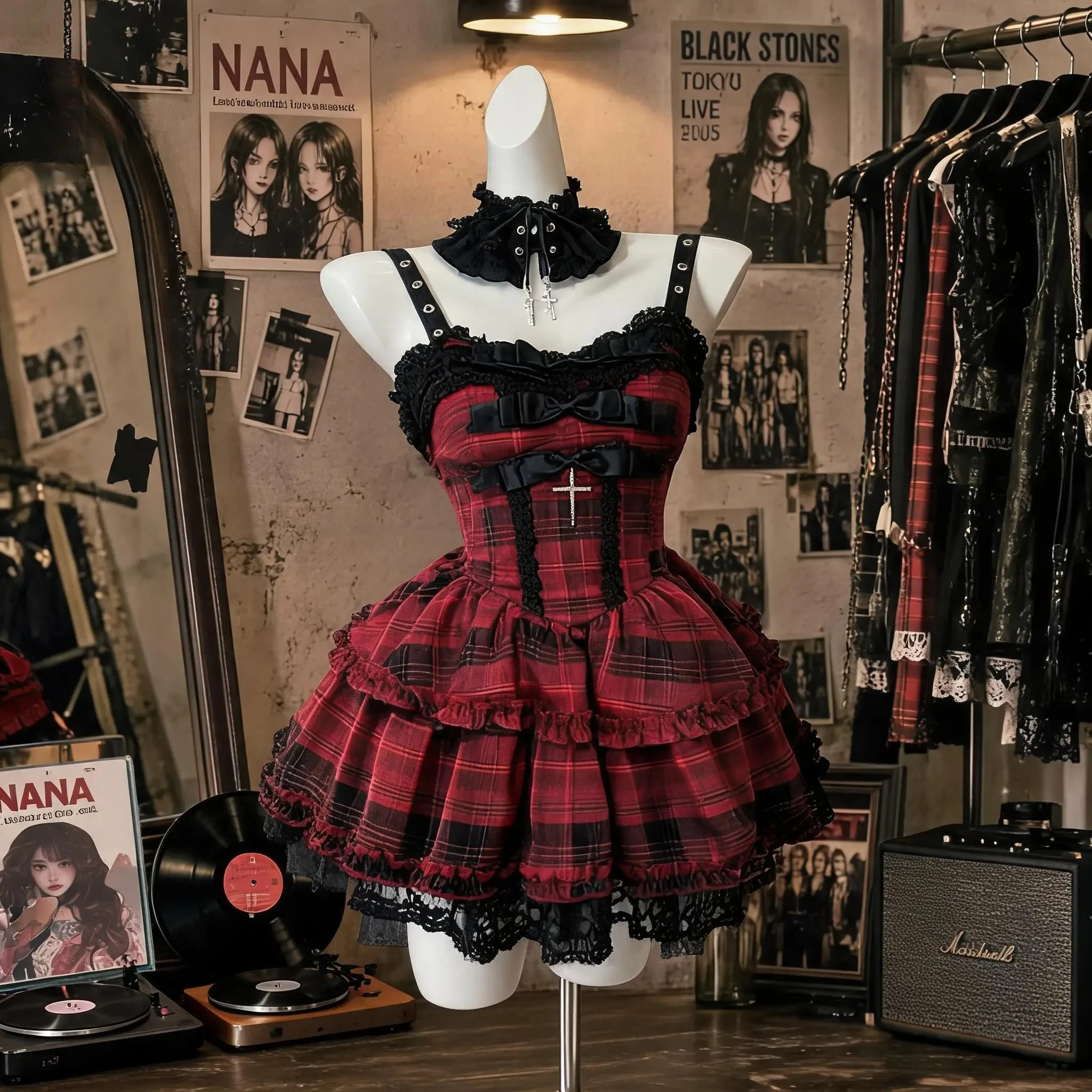 

Nana Style Japanese Vintage Goth Punk Princess Women Plaid Lace Bow Cross Cami Ruffle Mini Dress Sexy 2000s Club Streetwear Outf