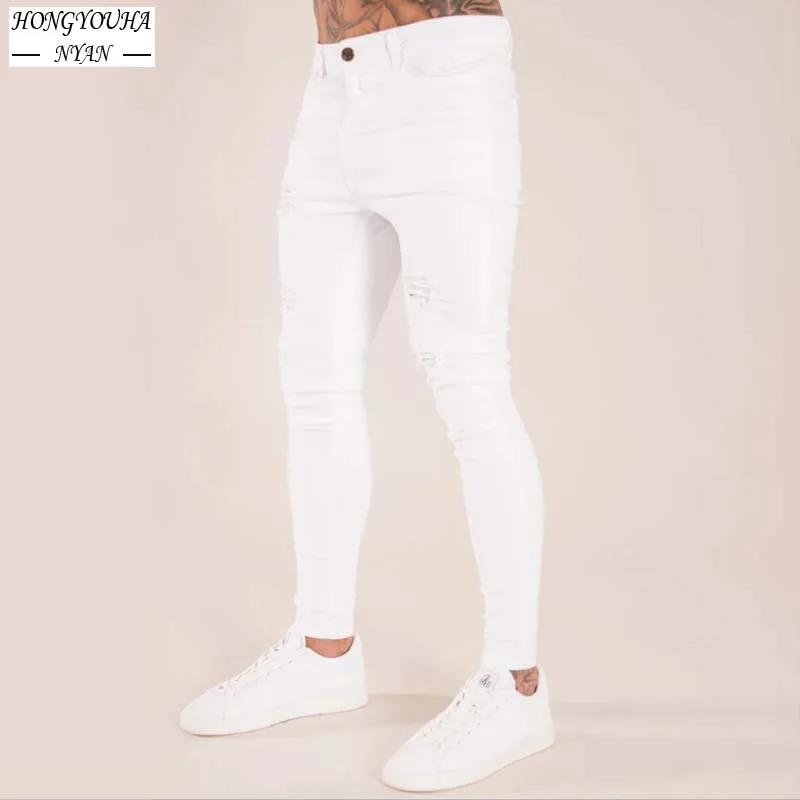 

Fashion White Skinny Ripped Jeans Men Elastic Stretch Slim Denim Pants Streetwear motorcycle Hip Hop Jean Jogging Denim Trousers