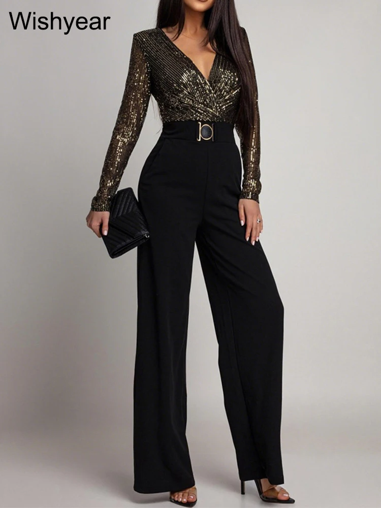

New Luxury Sequined Patchwork V-Neck Long Sleeve Skinny Jumpsuit Woman Elegant Birthday Party Romper Female One Pieces Outfits