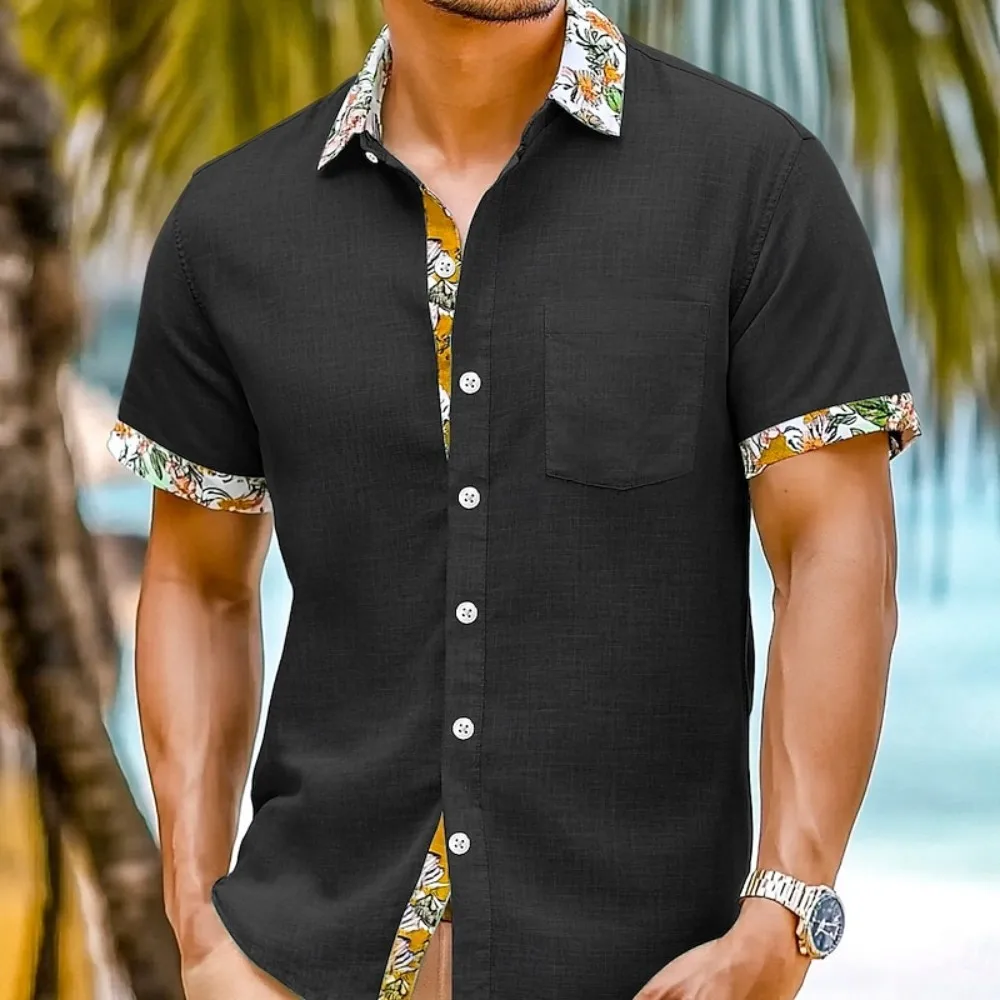 Men's linen shirt with short sleeved print, suitable for beach, travel, daily wear, diverse colors, comfortable to wear