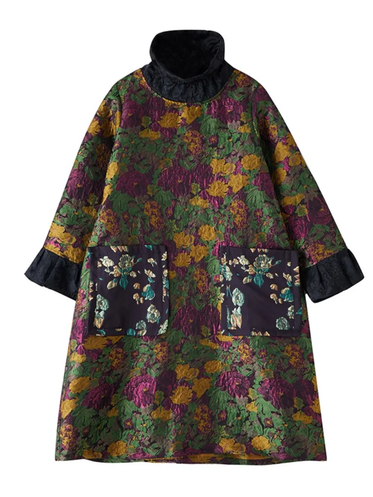 特大春ドレス女性花刺繍ファッション中国風レディースドレスルーズ A ライン女性長袖ドレス