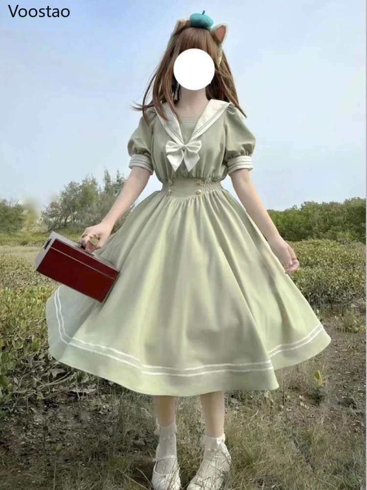 Vestido Lolita de hermana suave japonesa para mujer, dulce manga abullonada, Vestidos delgados para estudiantes, fiesta Retro para niñas, cuello de salida con lazo