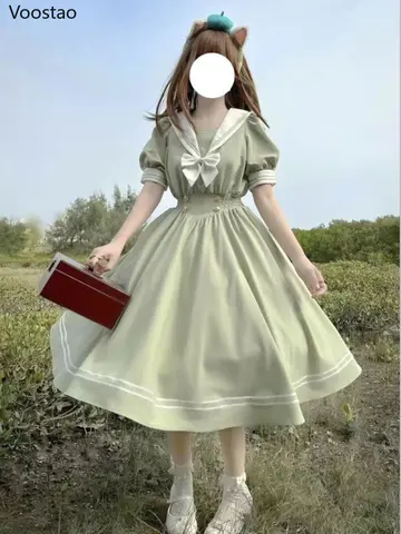 일본 부드러운 자매 귀여운 로리타 드레스 여성 달콤한 퍼프 슬리브 슬림 학생 드레스 파티 레트로 소녀 활 Salior Collar Vestidos