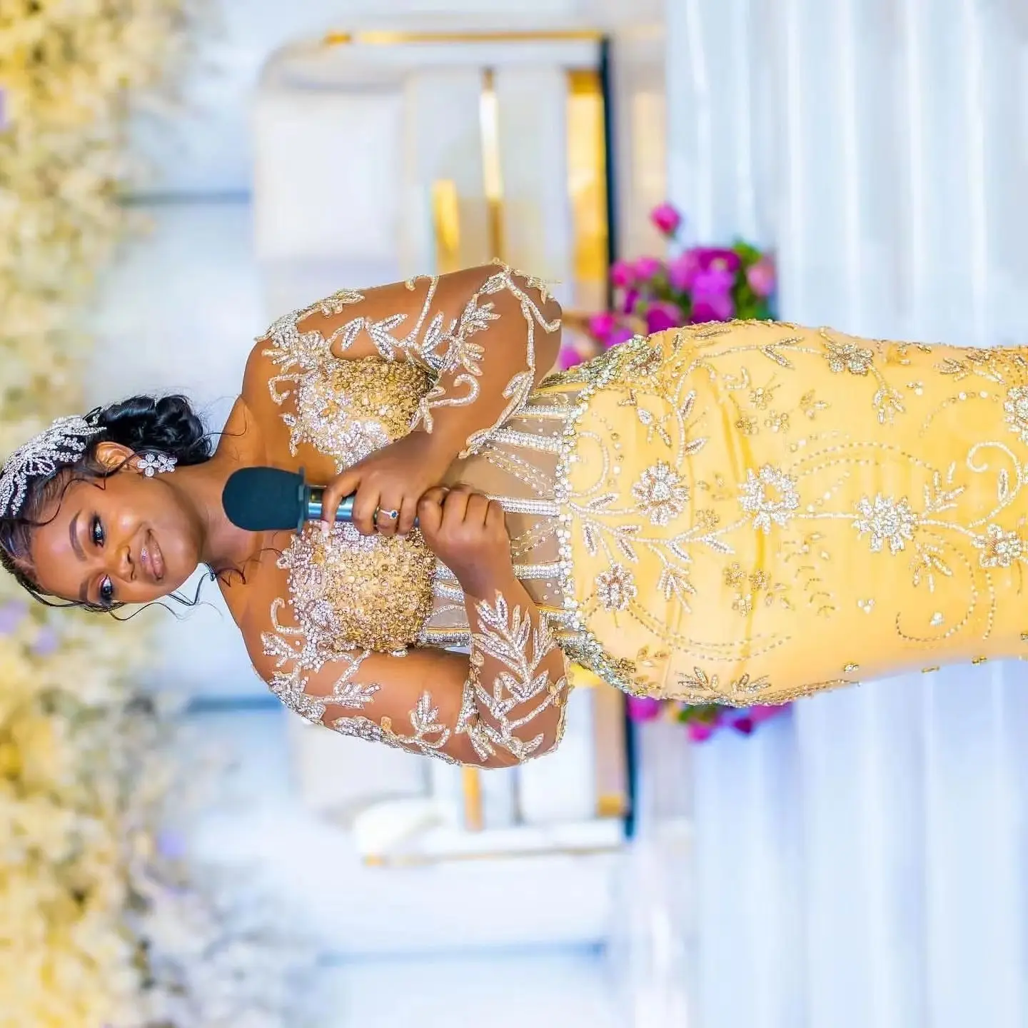 

Aso Ebi Gold Illusion Mermaid Prom Dresses Rhinestones Full Sleeves Lace Evening Formal Party Second Reception Birthday Gowns D