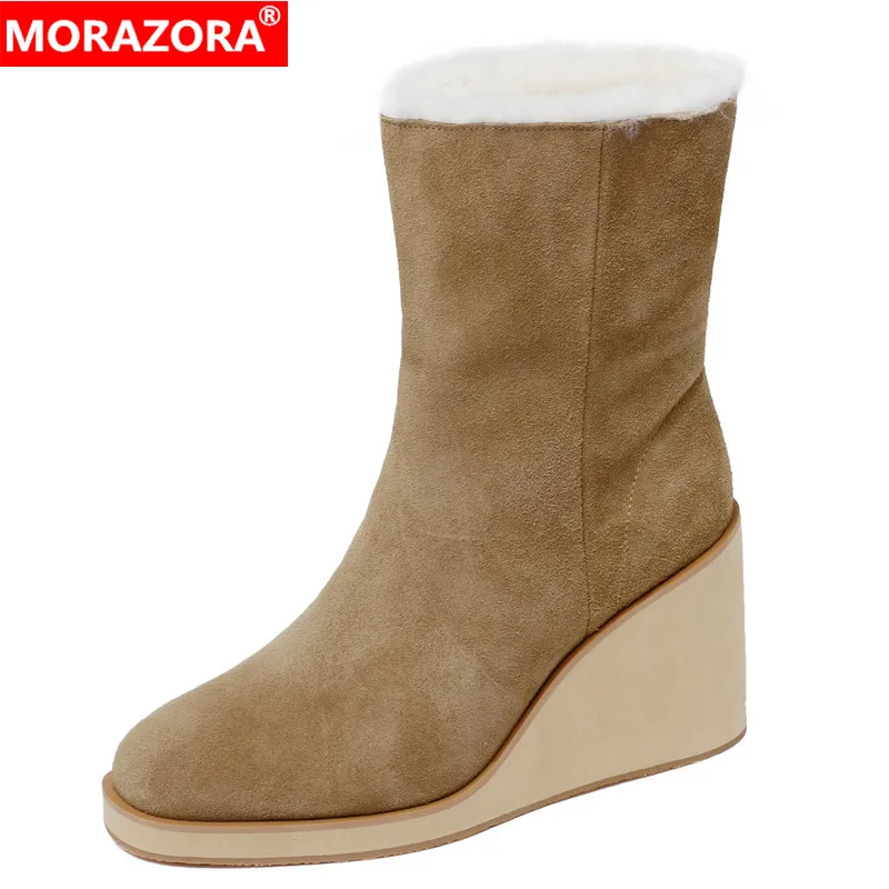 

MORAZORA 2024 New Suede Leather Wedges Snow Boots Women Wool Warm Winter Boots Casual Ankle Boots For Women Size 34-40