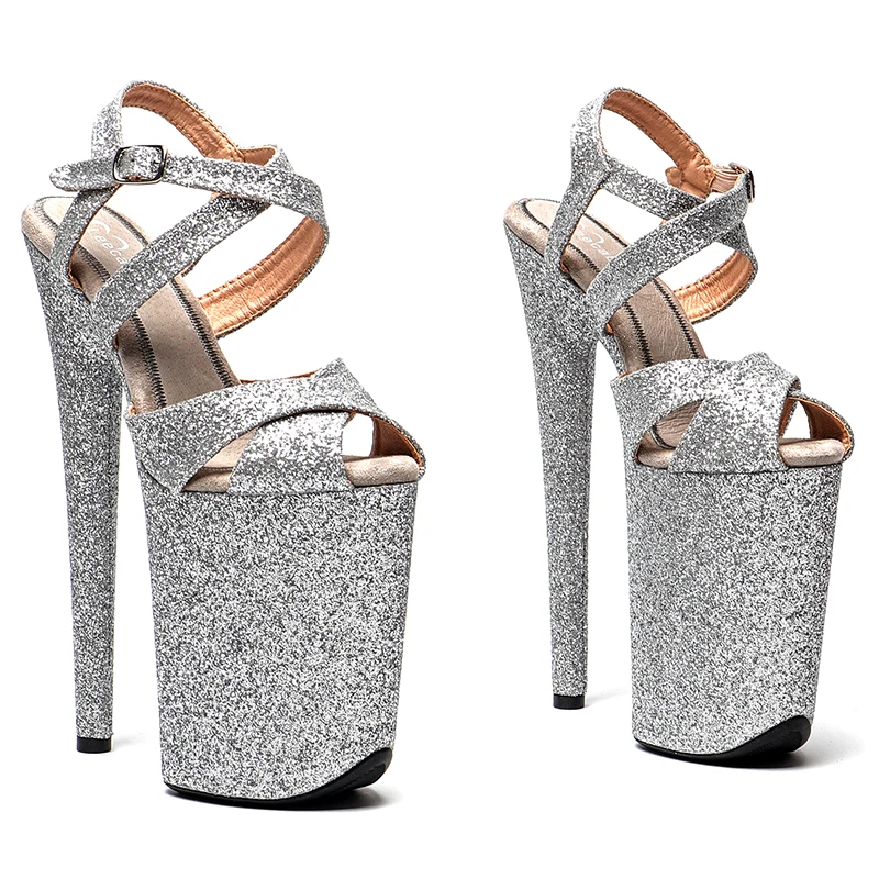 Leecabe 23CM / 9inches  Silver Glitter  fashion  Platform High Heels Sandals Pole Dance shoes