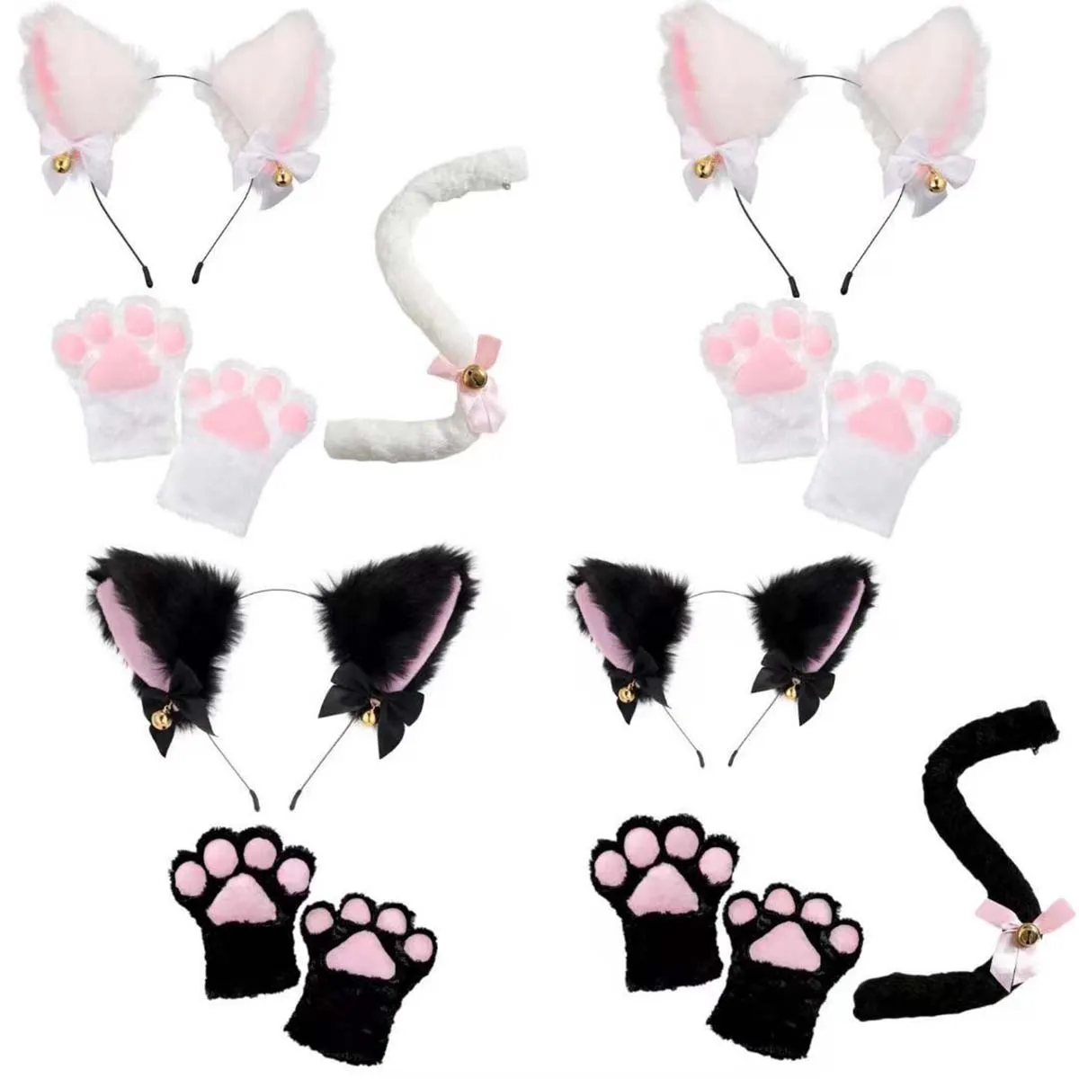 5Pcs Halloween Party Cat Headband Necklace Claw Gloves Tail Sets Cosplay Plush Bell Hairband Masquerade Headwear Hair Accessor