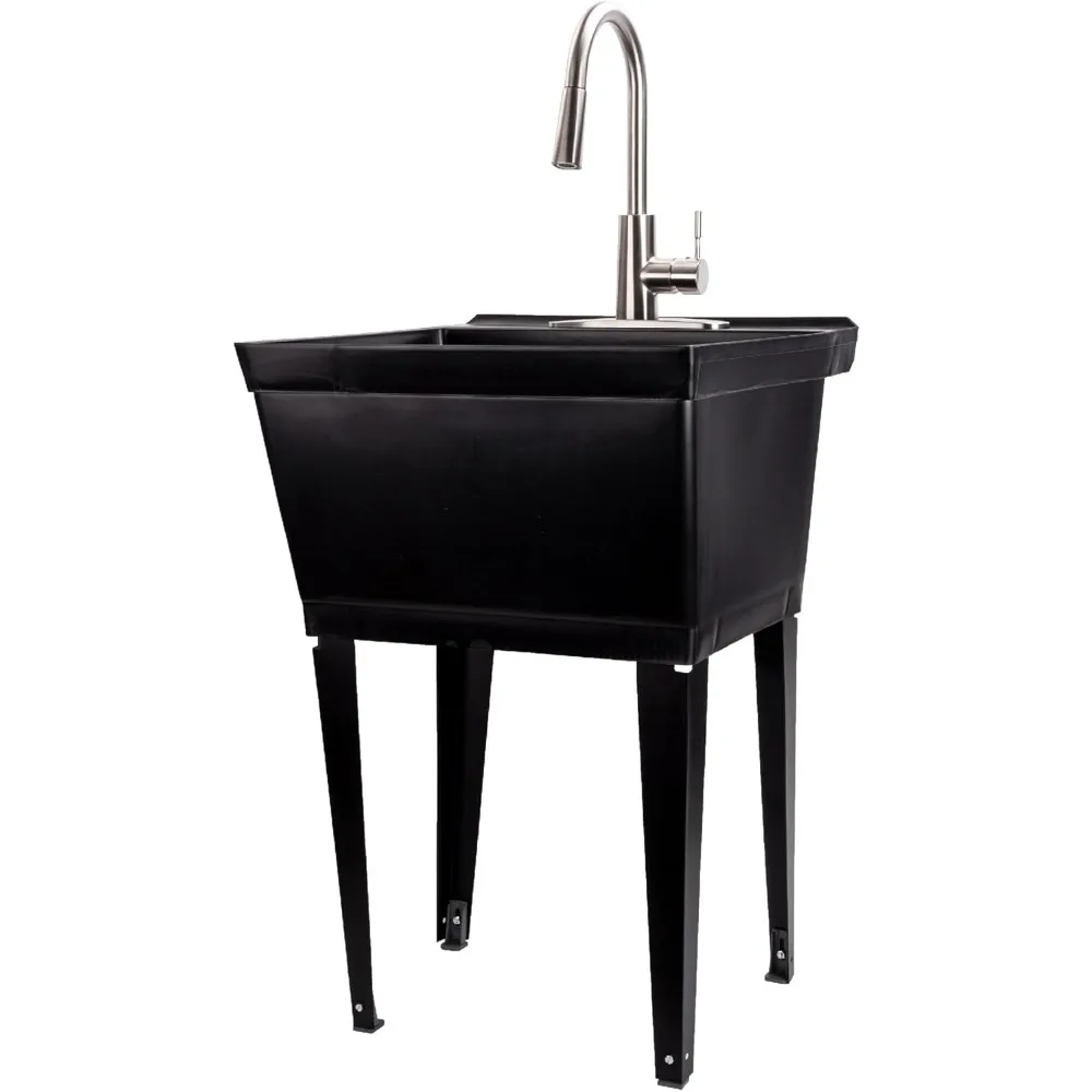 

Laundry Sink Utility Tub With High Arc Metal Pull Down Faucet By , Stainless Faucet, Black Tub