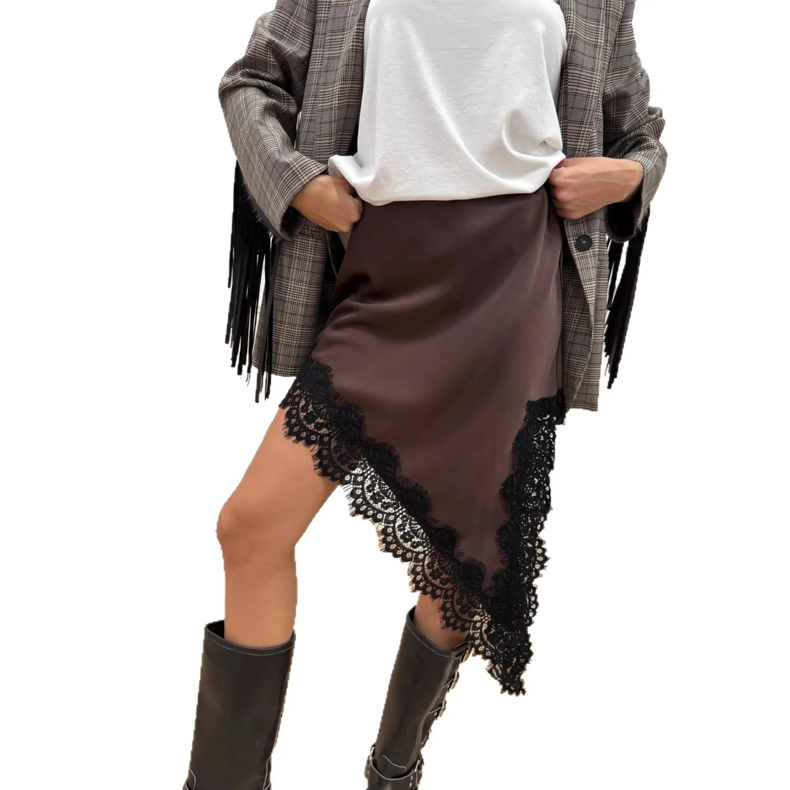 Spódnica damska na jesień 2025, elegancka, z koronkowymi wstawkami, podkreślająca talię, o średniej długości, idealna na imprezy, na co dzień i na ulicę.