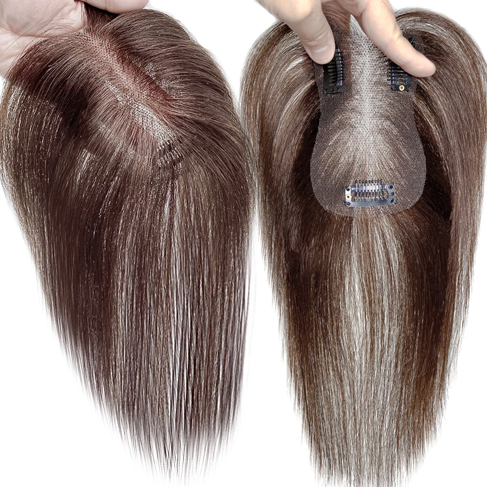 

Straight Silk Top Base Topper Swiss Lace Clip In Women Toupee With Bangs Breathable 100% Real Human Hairpiece Blonde Color Wigs