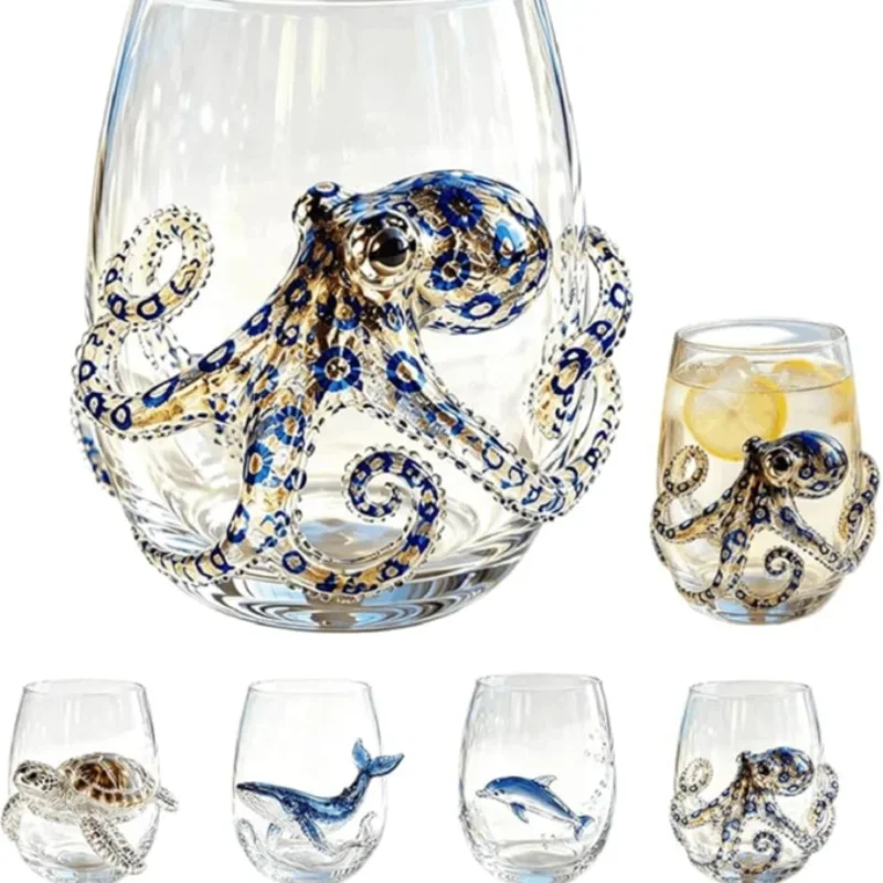 Handmade Marine Animal Glassware 3D Blue Ringed Octopus Stemless Wine Glass Ocean Animal Bar Accessories Home Decor Gift