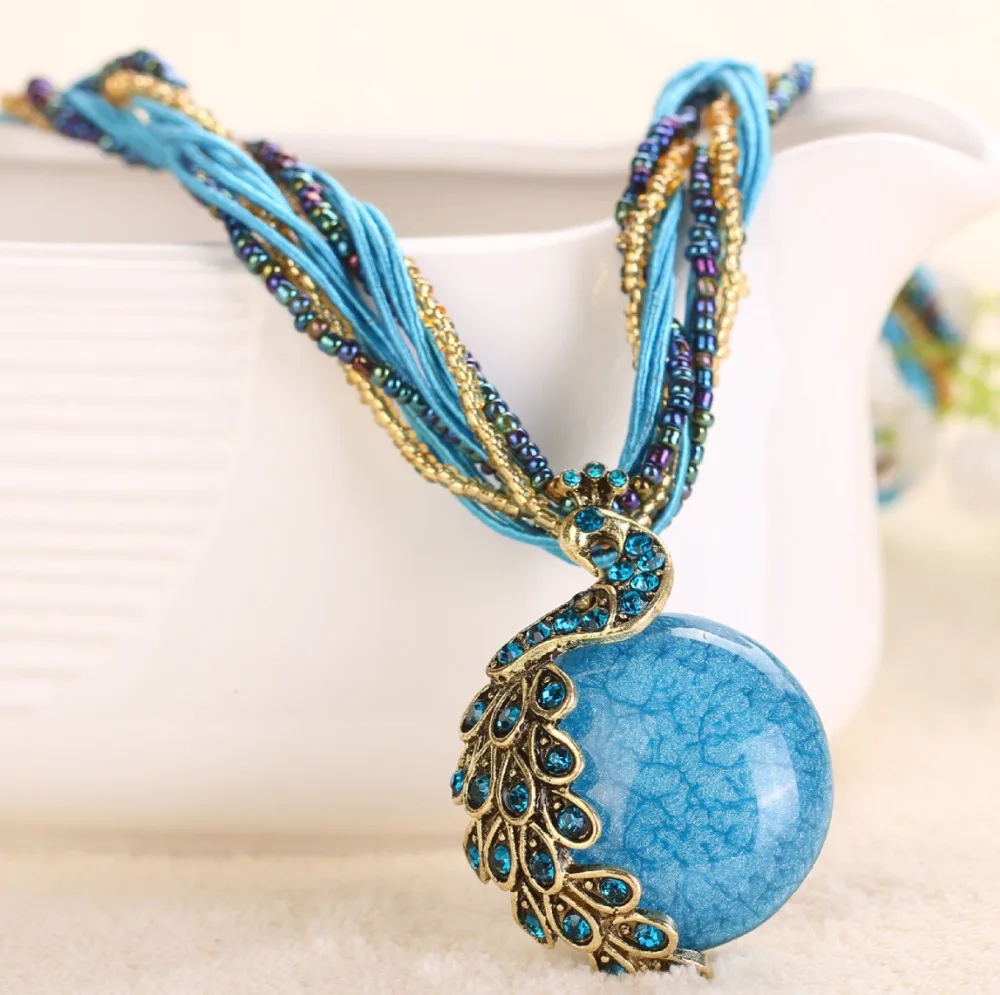 Boho Ethnic Jewelry Choker Handmade Pendant Necklace Natural Stone Bead Peacock Statement Maxi Necklace for Women Girls Gifts