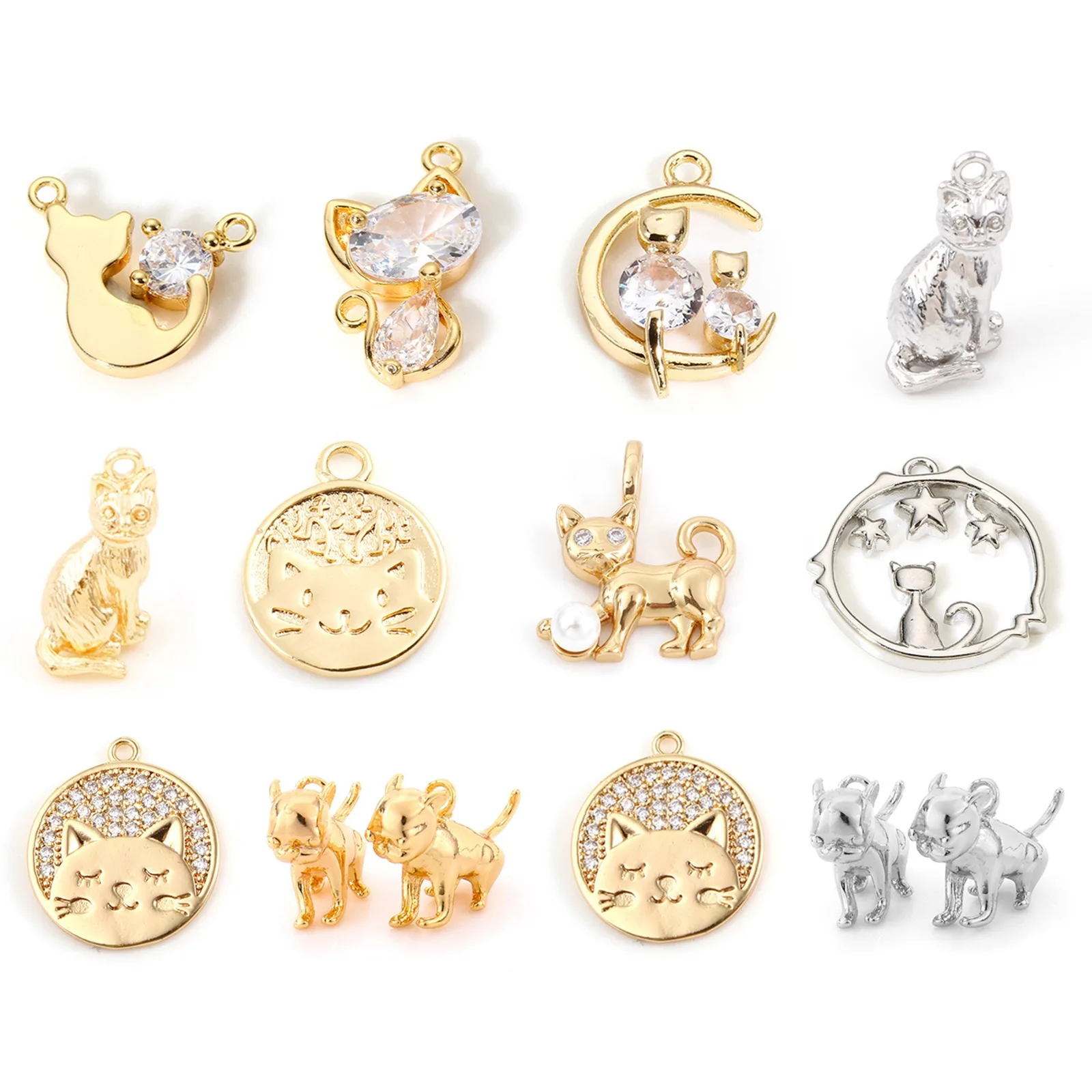 1-5pcs Copper Charms Round Gold Color Heart Cat Micro Pave Clear Rhinestone Pendant Women Party DIY Necklace Jewelry Findings