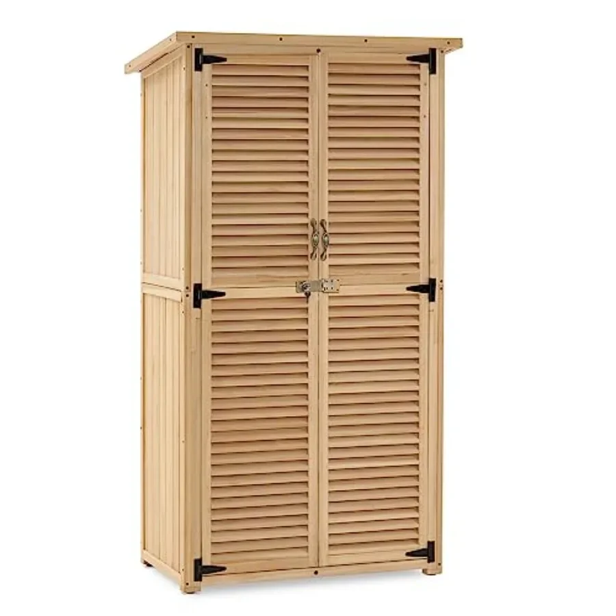 Outdoor storage cabinet for patio yard lawn use, wooden material, natural wood color, weather-resistant with secure latch and d