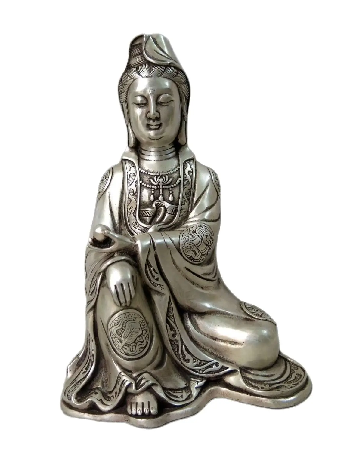 

25CM 10" China Silver fine workmanship carved lucky eight treasures Kwan-yin Statue