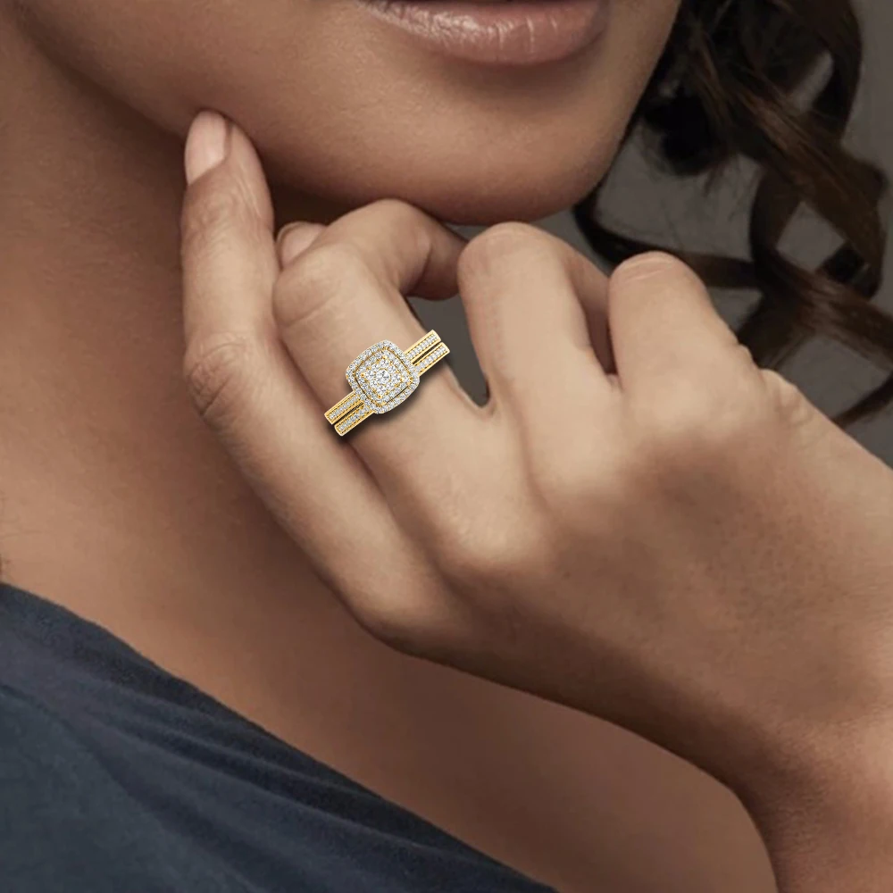 2-teiliges Set aus gelbgoldenen Moissanit-Verlobungsringen für Frauen, 100% echt, besteht den Diamanttester, Hochzeitsring, Schmuck, Geschenk für Liebespaare – Detail 5