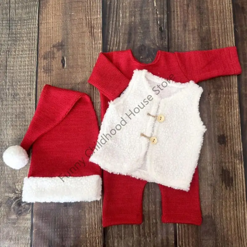 D0LA 3 قطعة طقم ملابس تصوير سانتا للأطفال قابل للتمدد ومريح لحديثي الولادة وعيد الميلاد لالتقاط الصور من 0 إلى 3 أشهر