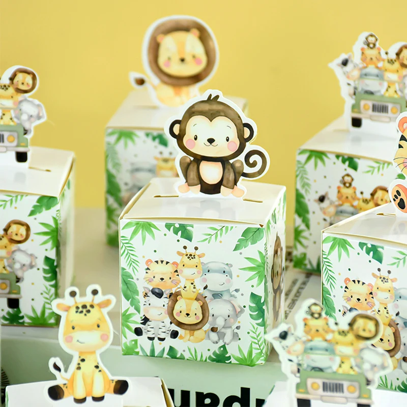 24pcs Jungle Animal Candy Boxes Safari Tiger Lion Monkey Cookies Gifts Packaging Box Bags For Kids Wild One Birthday Party Decor
