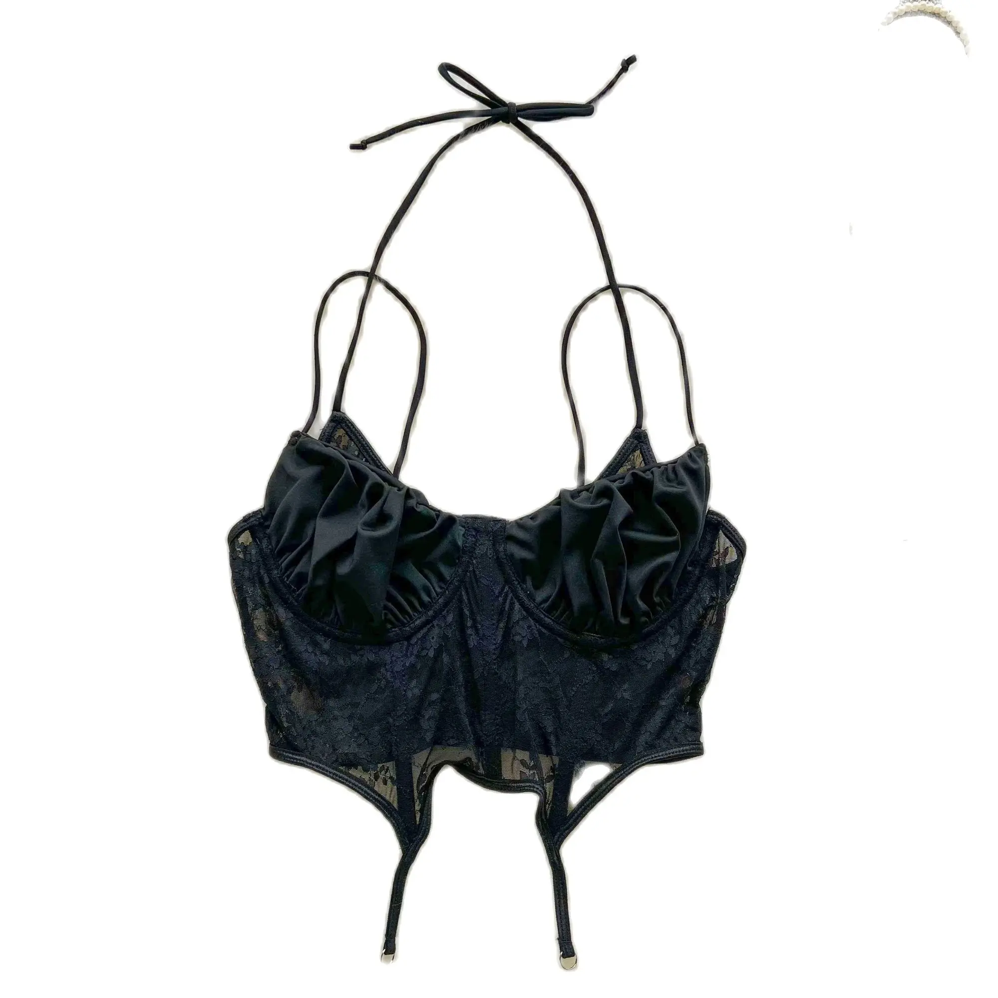 American Retro Spicy Girl Strap Tank Top Summer Black  Lace Mesh Hollow Out Embroidery Bra Top For Women 2024