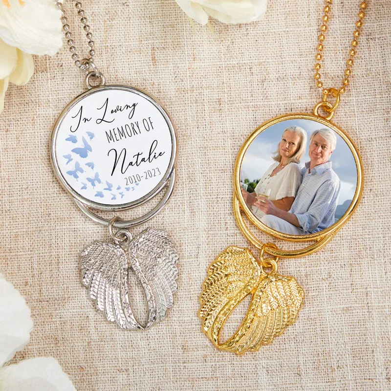 Custom photo angel wing car pendant, double-sided image can be personalised for car rearview mirror, commemorative gift