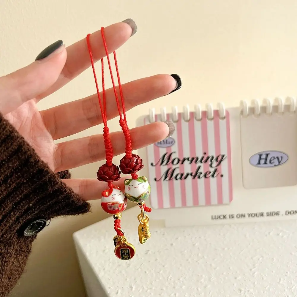 Cartoon Maneki Neko Key Chain Ceramic Ornament Lucky Cat Phone Charm Bag Decoration Phone Lanyard Lucky Cat Phone Strap Women