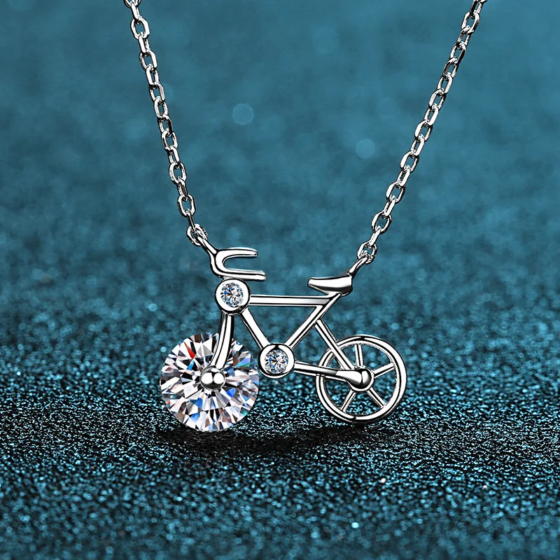 1.0ct Moissanite S925 Sterling Silver Jewelry Wholesale Plated Pt950 Cute Bicycle Necklet Pendants Women's Selected Gift