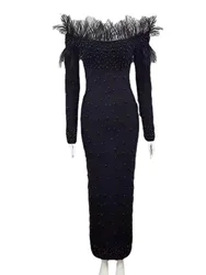 New White Beads Elegant Evening Dress Women's Wear Slim Feather Neckline Beaded Dress Tassel Bandage Long Sleeve Off Shoulder