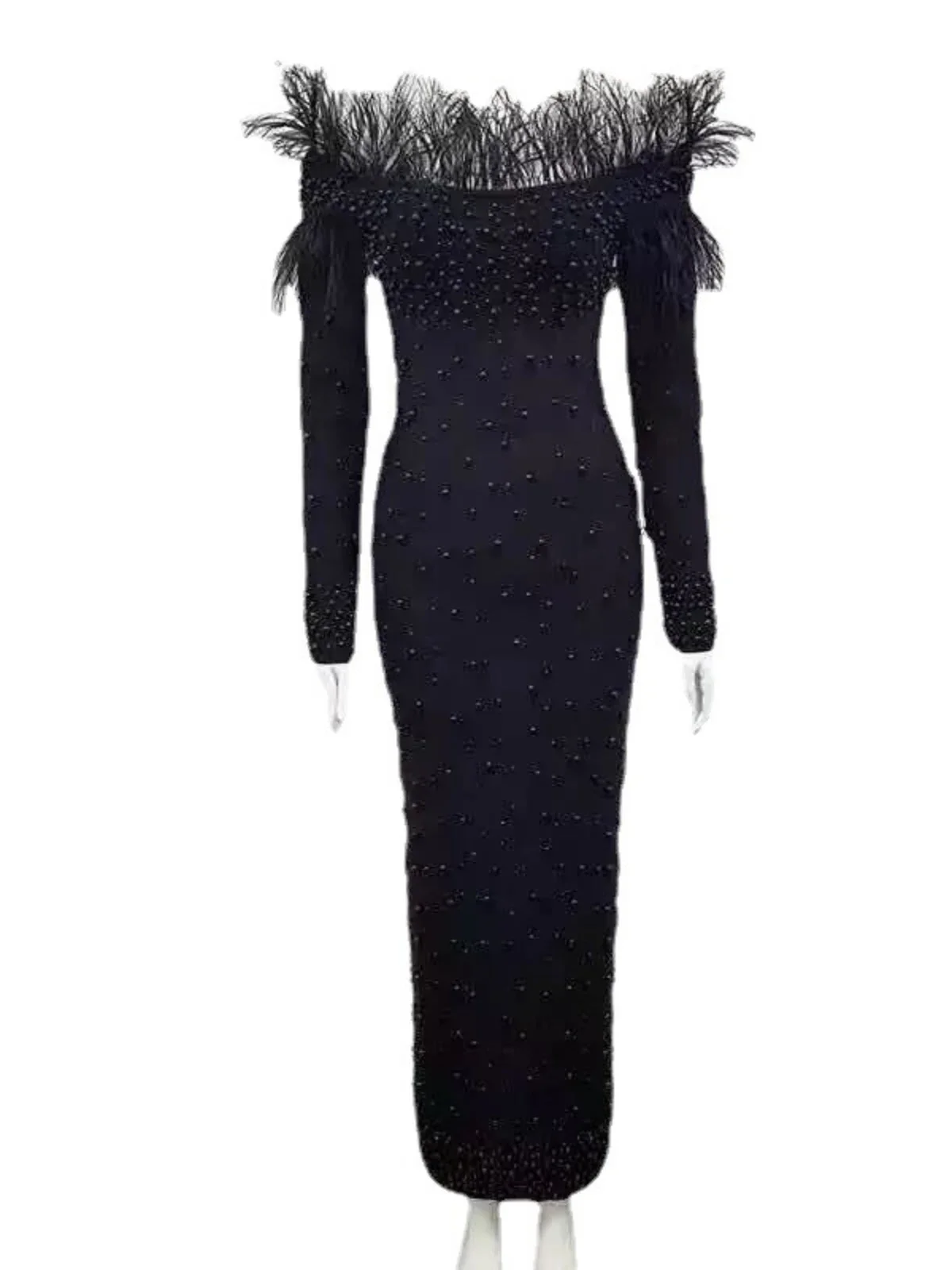 New White Beads Elegant Evening Dress Women's Wear Slim Feather Neckline Beaded Dress Tassel Bandage Long Sleeve Off Shoulder