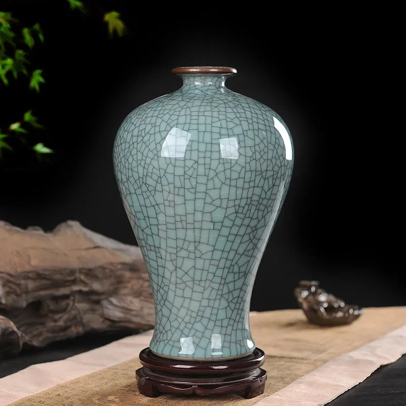 Crackled Green Ceramic Flower Pot, Oriental Vase, Art Decorative Stoneware, Centerpiece, Designed