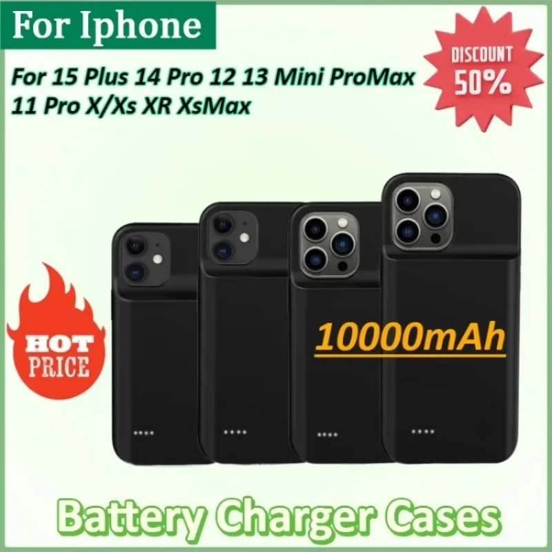 

New 10000mAh Battery Charger Case for Iphone 15 Plus 14 Pro 12 13 Mini ProMax 11 Pro X/Xs XR XsMax Portable Back Clip Power Bank