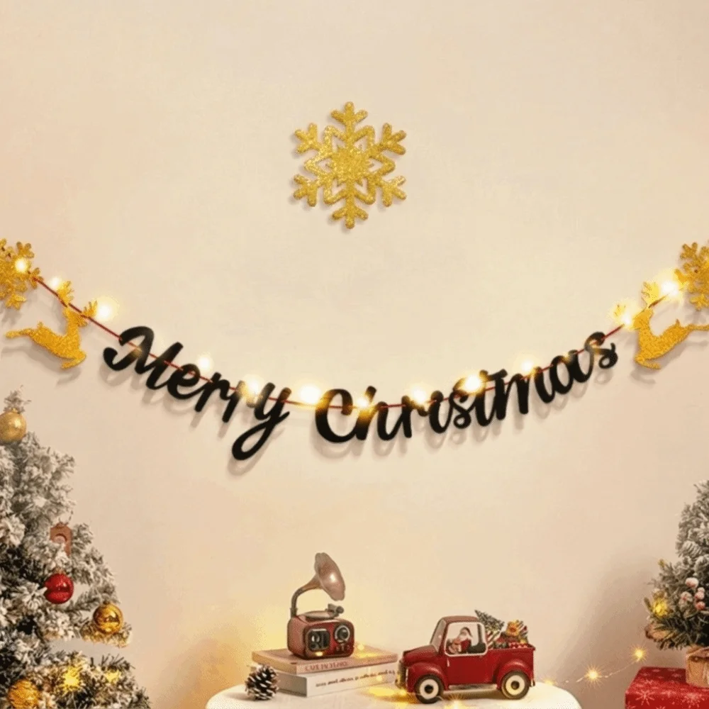 LED Light String Luminous Christmas Banner Handmade Felt Material Pull Flag Polyester DIY Xmas Wall Hanging Festival Decor
