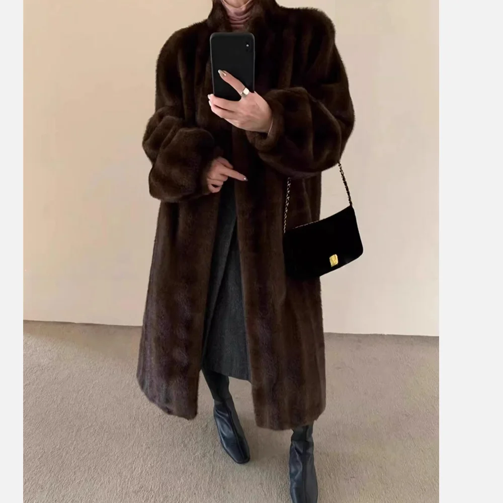 Winter Retro Stand Collar Coffee Faux Mink Fur Coat for Women Long Puff Sleeve Loose Warm Midi Outerwear Femme