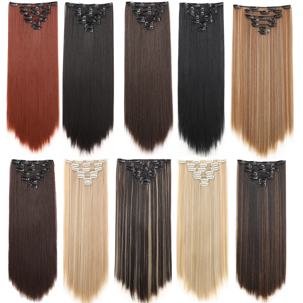 22Inch Long Straight Clip in Hair Extension  Hairstyle 16 Clips 7Pcs/Set   Synthetic  Black Brown Hairpieces  For Wom